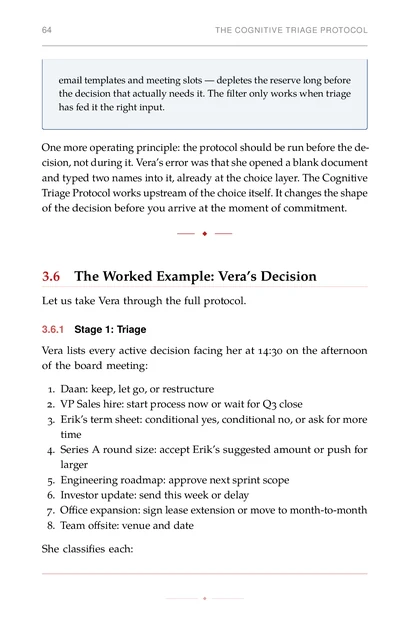Decision-Making Under Chaos, printed page: Vera lists every active decision facing her at 14:30 on the afternoon