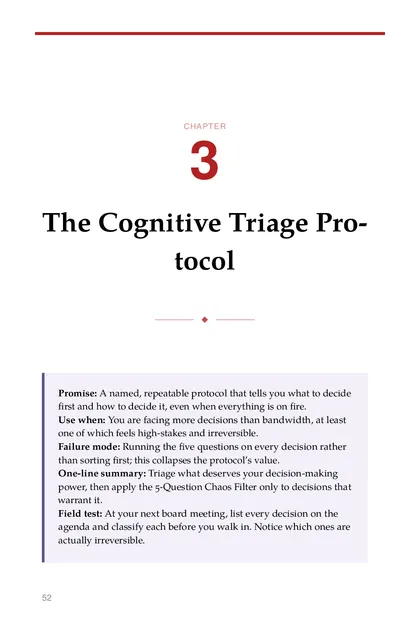 The chapter promise: A named, repeatable protocol that tells you what to decide first and how to decide it, even when…