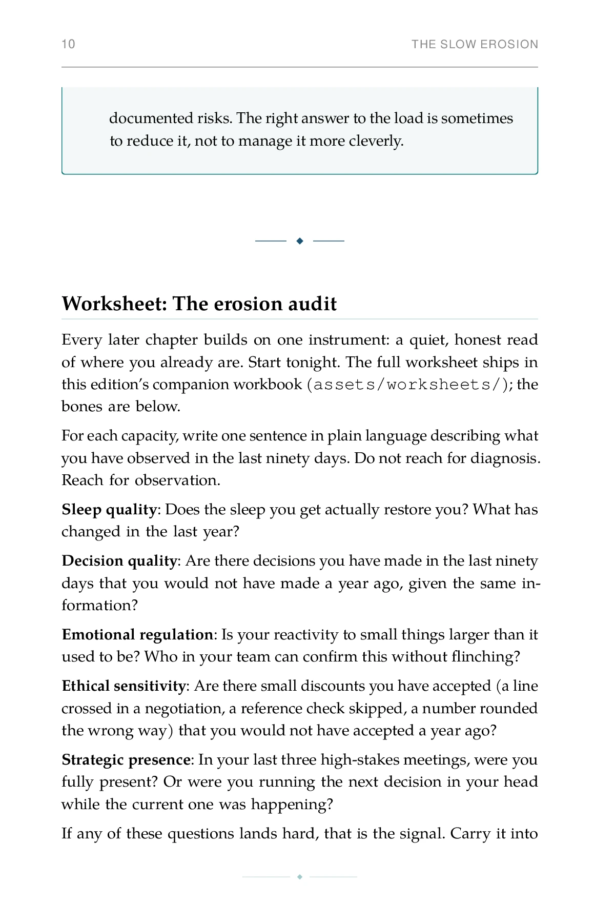 Leadership Under Load, printed page: Worksheet: The erosion audit