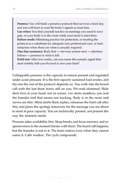 Leadership Under Load, printed page: One-line summary: Body first → nervous system next → attention