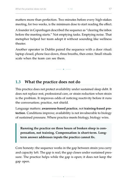 Leadership Under Load, printed page: Running the practice on three hours of broken sleep is com-
