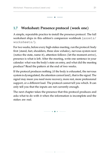 Leadership Under Load, printed page: Worksheet: Presence protocol (week one) 1 14 21