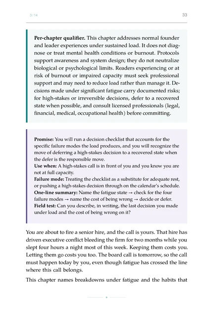 Leadership Under Load, printed page: Per-chapter qualifier. This chapter addresses normal founder