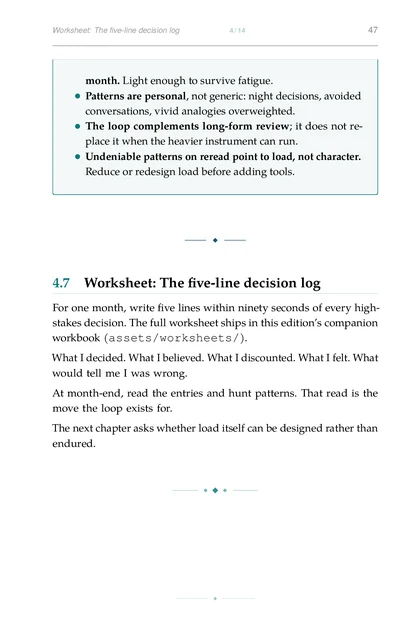 Leadership Under Load, printed page: month. Light enough to survive fatigue.