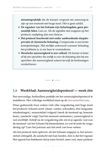 Leiderschap Onder Belasting, gedrukte pagina: Werkblad: Aanwezigheidsprotocol — week één 1 14 21