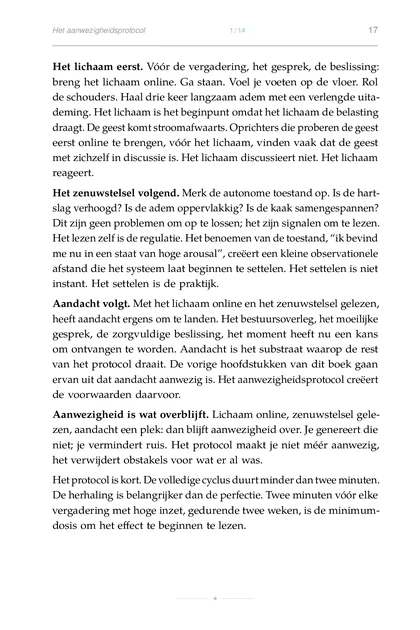 Leiderschap Onder Belasting, gedrukte pagina: Het lichaam eerst. Vóór de vergadering, het gesprek, de beslissing: