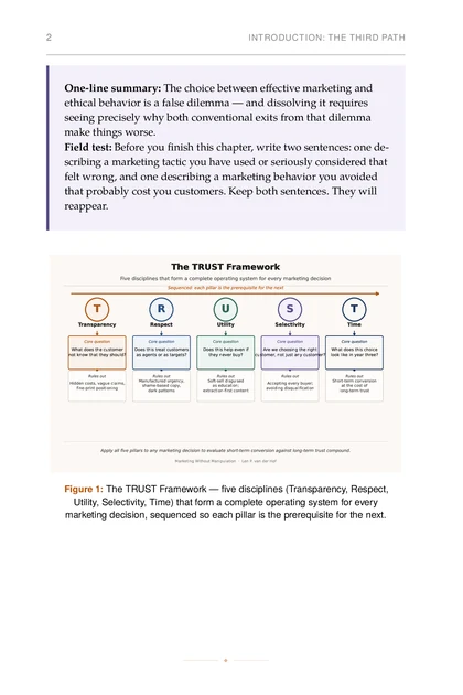 Marketing Without Manipulation, printed page: The TRUST Framework — five disciplines (Transparency, Respect, Utility, Selectivity, Time) that form a complete operating system for every