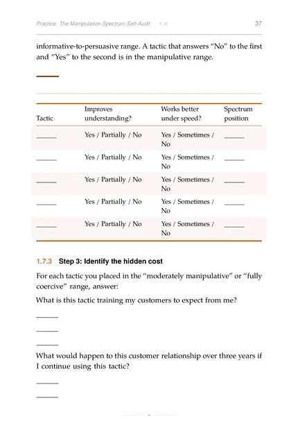 Marketing Without Manipulation, printed page: informative-to-persuasive range. A tactic that answers “No” to the first