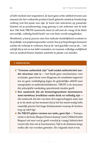 Marketing Zonder Manipulatie, gedrukte pagina: De TRUST-pijlers vormen een reeks, geen lijst — Transpa-