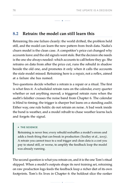 ML for Strategic Founders, printed page: Either way, one rule holds: do not retrain on noise. A bad week inside