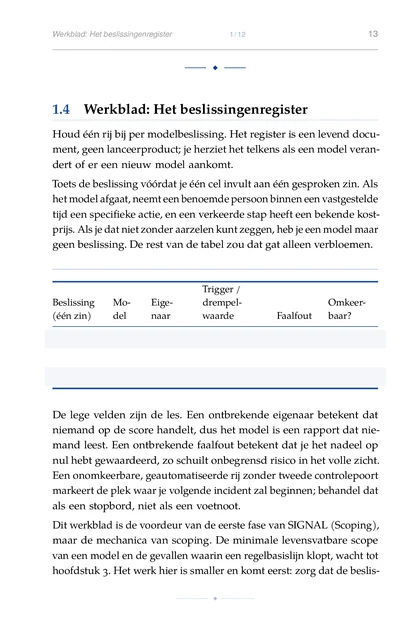 ML voor Strategische Oprichters, gedrukte pagina: Werkblad: Het beslissingenregister 1 12 13