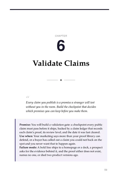 The chapter promise: You will build a validation gate: a checkpoint every public claim must pass before it ships, backed by…
