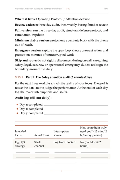 The Psychology of Founder Resilience, printed page: Practice: Attention audit and defense worksheet 5 10 101