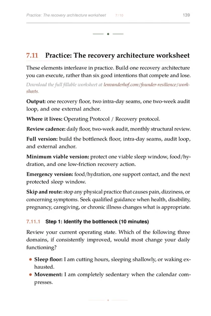 The Psychology of Founder Resilience, printed page: Practice: The recovery architecture worksheet 7 10 139