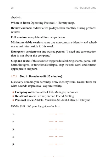 The Psychology of Founder Resilience, printed page: Minimum viable version: name one non-company identity and sched-