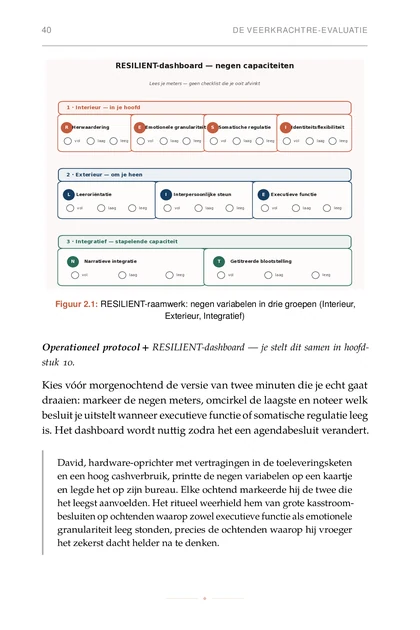 De psychologie van oprichtersveerkracht, gedrukte pagina: Figuur 2.1: RESILIENT-raamwerk: negen variabelen in drie groepen (Interieur,