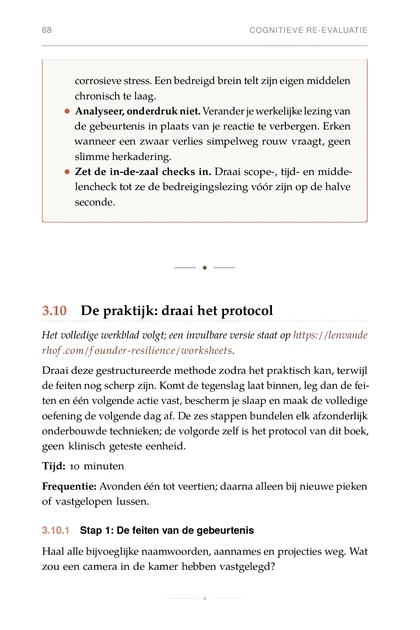 De psychologie van oprichtersveerkracht, gedrukte pagina: oefening de volgende dag af. De zes stappen bundelen elk afzonderlijk