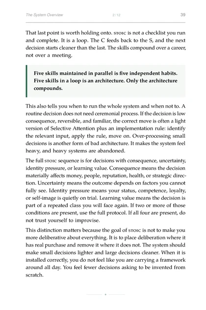 Stoic Systems for Decision-Making, printed page: Five skills in a loop is an architecture. Only the architecture