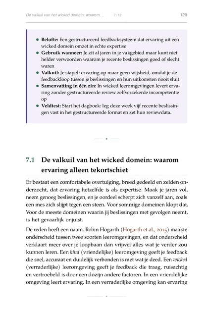 Stoïcijnse Systemen voor Beslissingen, gedrukte pagina: Samenvatting in één zin: In wicked leeromgevingen levert erva-