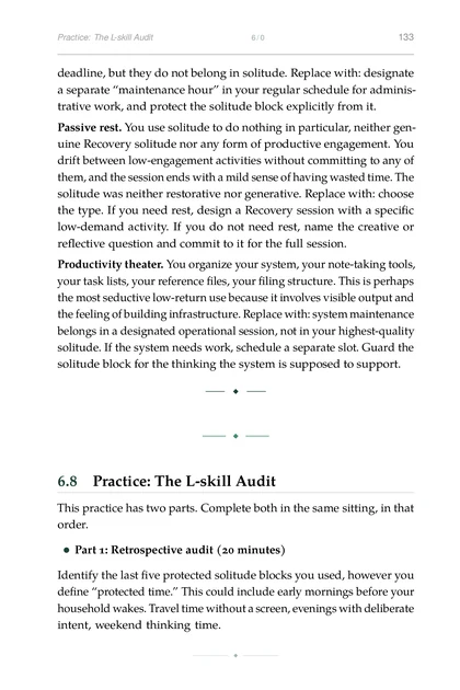 Strategic Solitude, printed page: Practice: The L-skill Audit 6/0 133