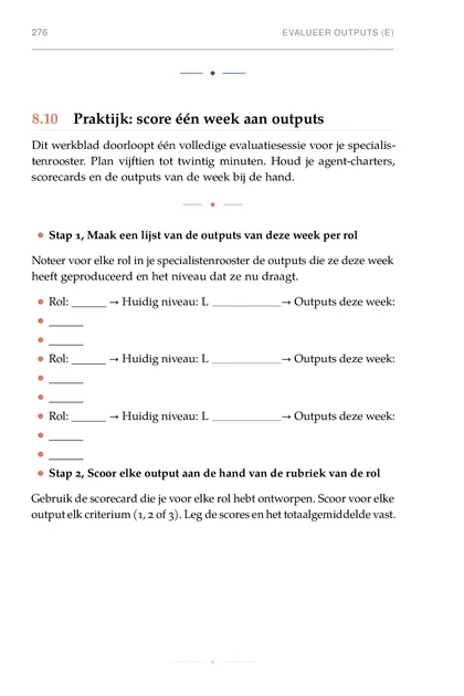 Het Agent-Droomteam, gedrukte pagina: Stap 1, Maak een lijst van de outputs van deze week per rol