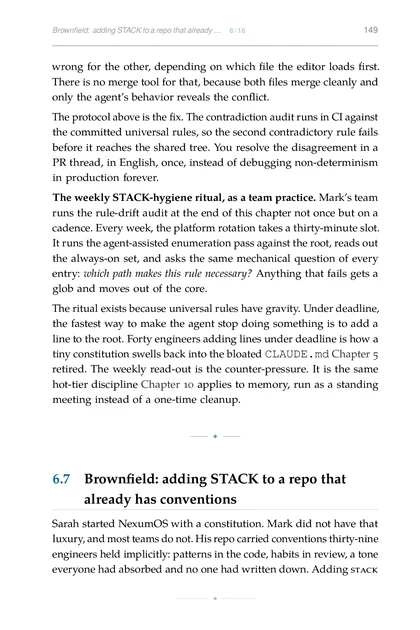 The Agentic Codebase, printed page: The weekly STACK-hygiene ritual, as a team practice. Mark’s team