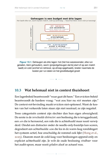 De Agentische Codebase, gedrukte pagina: Figuur 10.1: Geheugen als drie lagen: hot (het live sessievenster, elke run