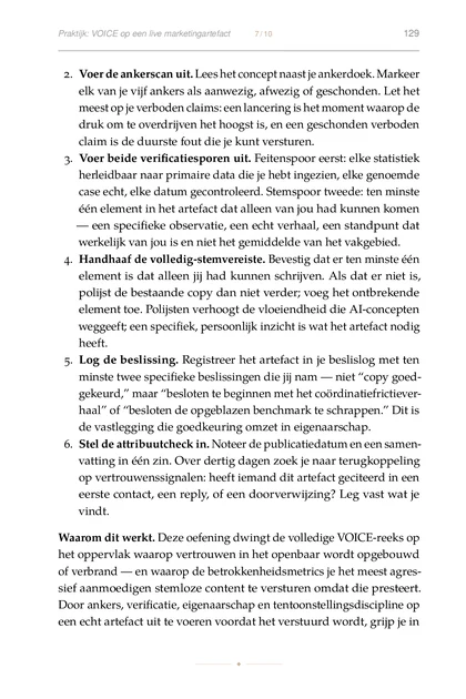 De Authentieke Operator, gedrukte pagina: Waarom dit werkt. Deze oefening dwingt de volledige VOICE-reeks op