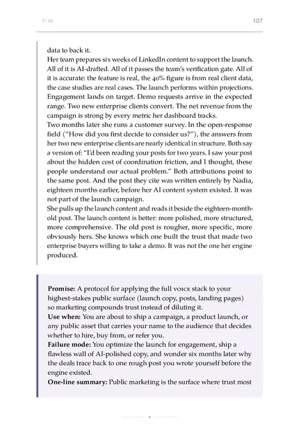 The chapter promise: A protocol for applying the full voice stack to your highest-stakes public surface (launch copy, posts…