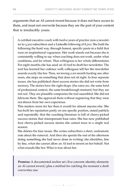 The chapter promise: A documented anchor set (five concrete identity elements an AI cannot invent) plus a method for…