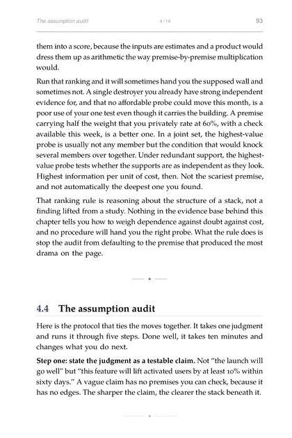 The Calibrated Mind, printed page: Step one: state the judgment as a testable claim. Not “the launch will