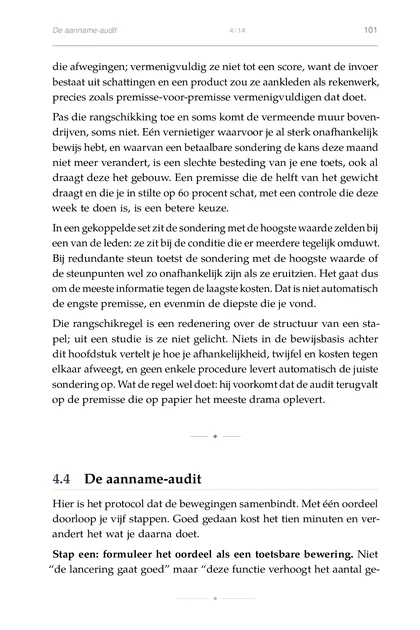 De gekalibreerde geest, gedrukte pagina: Stap een: formuleer het oordeel als een toetsbare bewering. Niet
