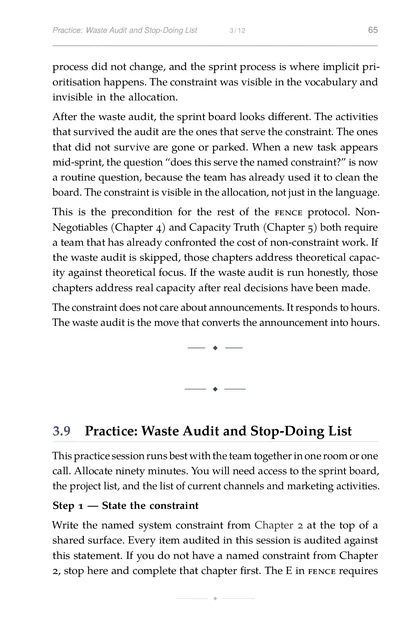 The Constraint Founder, printed page: Practice: Waste Audit and Stop-Doing List 3 12 65