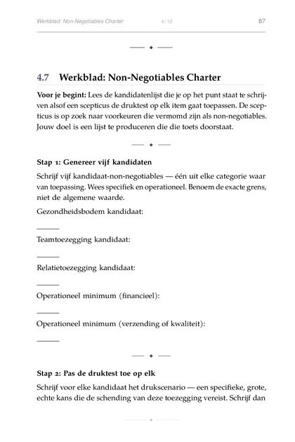 De Constraint-Founder, gedrukte pagina: Werkblad: Non-Negotiables Charter 4 12 87
