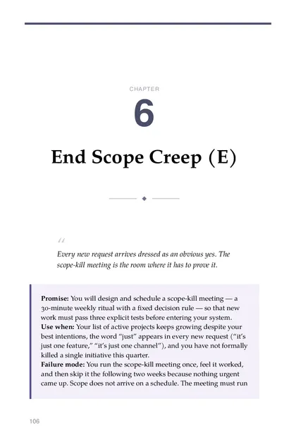 The chapter promise: You will design and schedule a scope-kill meeting — a 30-minute weekly ritual with a fixed decision…
