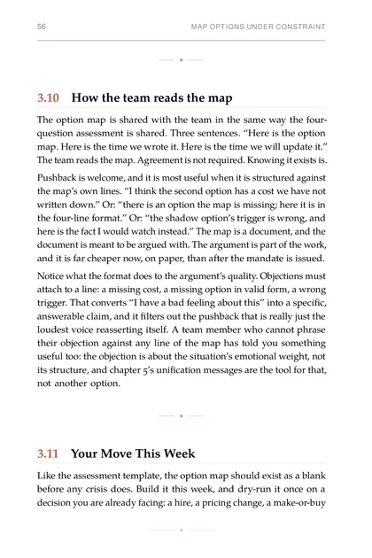 The Crisis Command, printed page: The option map is shared with the team in the same way the four-