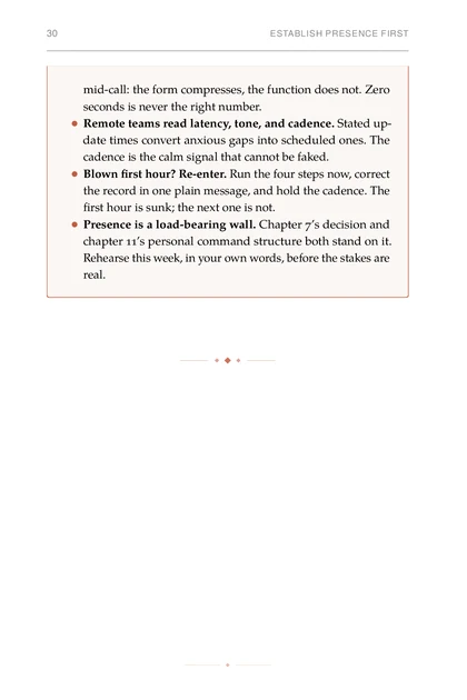 The Crisis Command, printed page: mid-call: the form compresses, the function does not. Zero