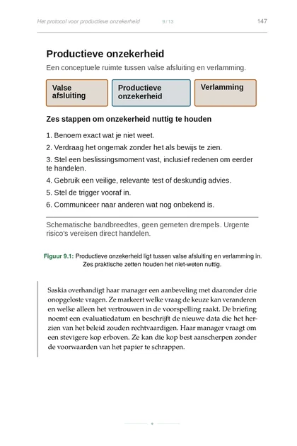 Het Bewijsbewuste Leven, gedrukte pagina: Figuur 9.1: Productieve onzekerheid ligt tussen valse afsluiting en verlamming