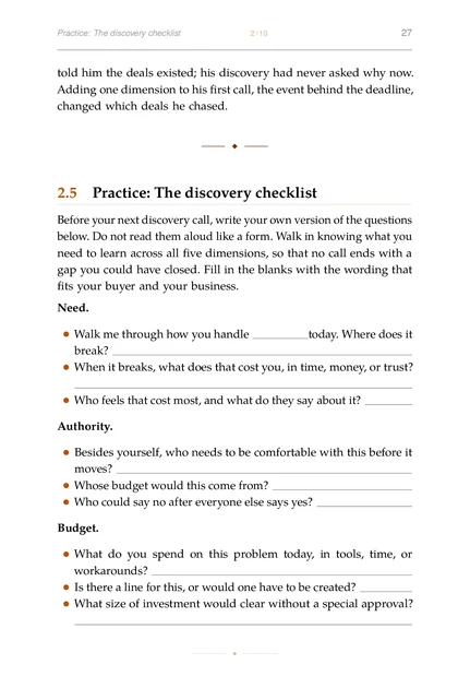 The Founder Sales System, printed page: Practice: The discovery checklist 2 10 27