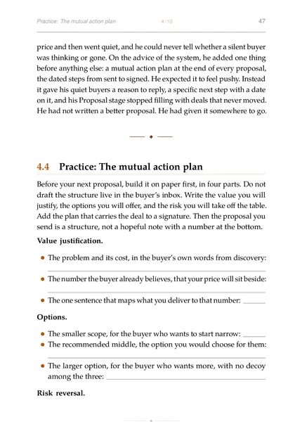 The Founder Sales System, printed page: Practice: The mutual action plan 4 10 47