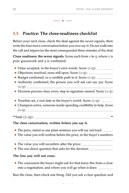 The Founder Sales System, printed page: Authority confirmed, the person you will ask can say yes. Score