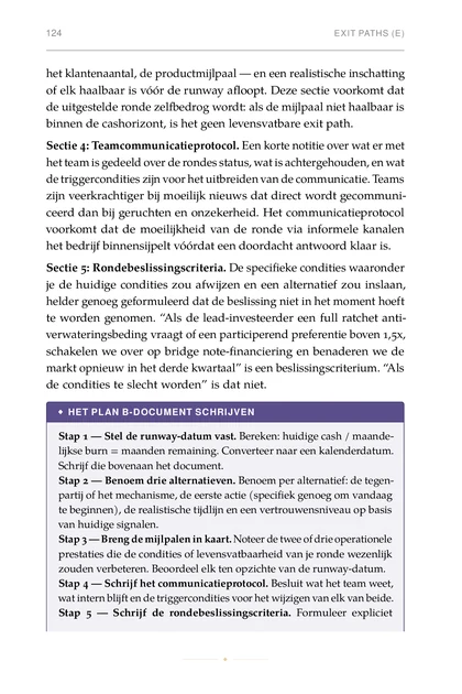 De Fundraising-Operator, gedrukte pagina: Stap 1 — Stel de runway-datum vast. Bereken: huidige cash maande-