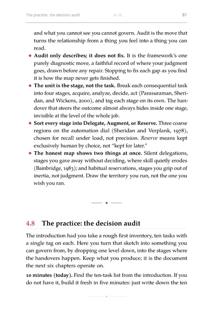 The Human-in-the-Loop Life, printed page: Audit only describes; it does not fix. It is the framework’s one