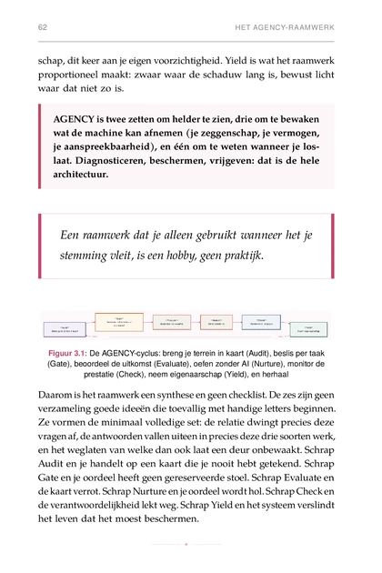 Het Mens-in-de-Lus Leven, gedrukte pagina: Figuur 3.1: De AGENCY-cyclus: breng je terrein in kaart (Audit), beslis per taak