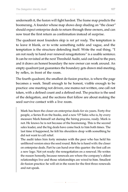 The Identity Forge, printed page: practice: one meeting not driven, one memo not written, one call not