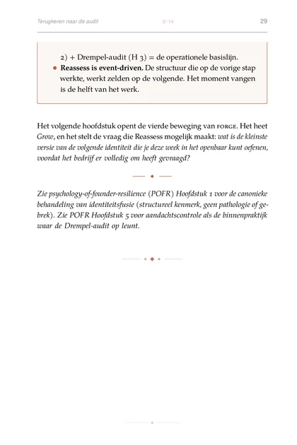 De Identiteitssmidse, gedrukte pagina: Reassess is event-driven. De structuur die op de vorige stap