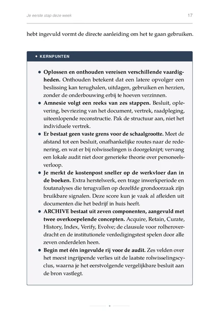 Het Organisatiegeheugen, gedrukte pagina: ARCHIVE bestaat uit zeven componenten, aangevuld met