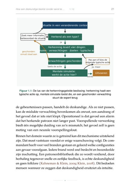 De Voorspellende Ondernemer, gedrukte pagina: De lus van de herkenningsgeleide beslissing: herkenning haalt een typische actie op, mentale simulatie toetst die, en een geschonden verwachting
