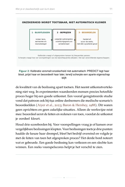 De Voorspellende Ondernemer, gedrukte pagina: Kalibratie versmalt onzekerheid niet automatisch: PREDICT legt haar bloot, prijst haar en beoordeelt haar later, terwijl scherpte een aparte eigens…