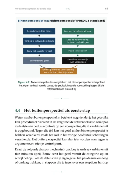 De Voorspellende Ondernemer, gedrukte pagina: Twee voorspelroutes vergeleken: het binnenperspectief extrapoleert het eigen verhaal van de casus, de gedisciplineerde voorspelling begint bij de